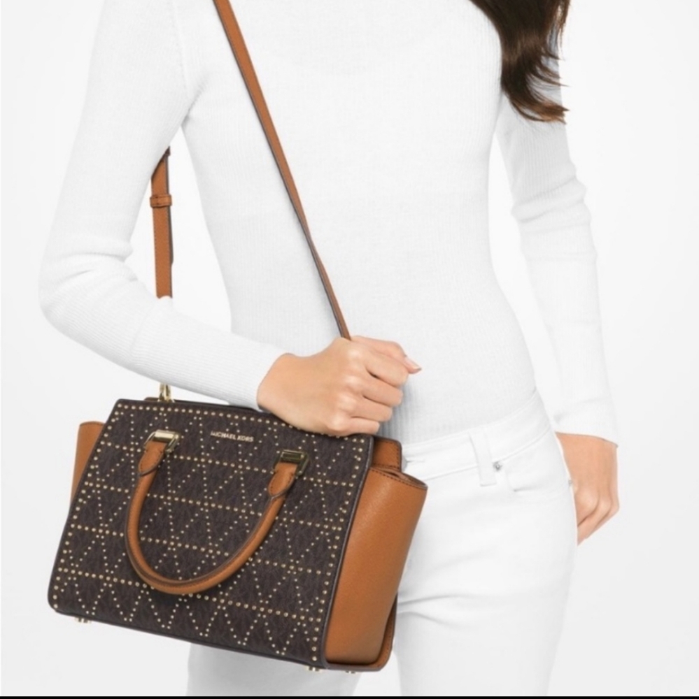 SOLD: 💖NWT🌟RARE💖 MICHAEL KORS Selma Medium Gold Studded Twill Satchel Bag